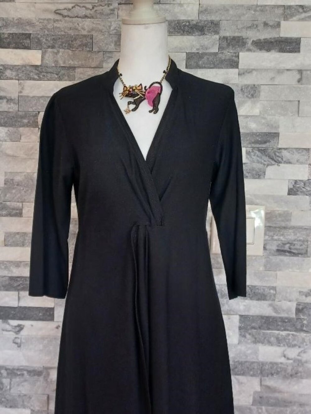 Eileen Fisher Open Flare Front Cardigan Dress Black Minimalist Collar sz XS